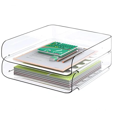 Afbeelding van Tomorotec Bureau Brief Lade Set 2 Pack Front Load A4 Size Clear PET Stapelbare Document Organizer Office Desktop Bestand Papier Houder Boek Opslag Rack Anti Skid Stapelen Ondersteuning Convex Bottom Gegroefde Snap