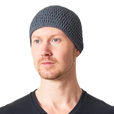 Afbeelding van CHARM Gebreide zomermuts in kufi gebedsmuts stijl heren dames beanie van katoen hoed zonnepet, grijs, L