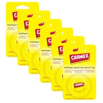 Afbeelding van Carmex Classic lippenbalsem kroes, verpakking van 6 stuks (6 x 7,5 g) de originele medische hydraterend, beschermend en rustgevend voor droge gebarsten lippen