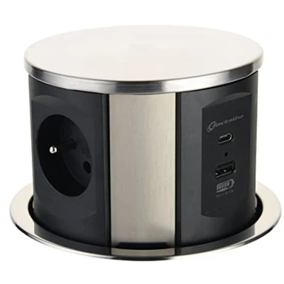 Afbeelding van Electraline 35446 Stekkerdoos, intrekbaar, werkblad met 3 16 A, Franse norm + 2 3,1 A 1 USB type C 15,5 W, inbouwstopcontact voor keuken, diameter 120 mm, m, zwart, verticaal