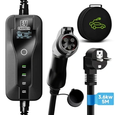 Afbeelding van AFYEEV 5M EV Oplader Type 2, 2 Oplader, 3.6kW Elektrische Voertuiglader, 8 16A Schakelbare Stroom, met Controleerbare Digitale Display, Auto Oplaadkabel, Zak (SAE J1772)