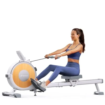Afbeelding van MERACH roeimachine voor thuis, magnetische bluetooth met 16 weerstandsniveaus, upgrade naar dubbele glijrails, maximaal draagvermogen van 160 kg, verticaal opbergen (wit, magnetisch)