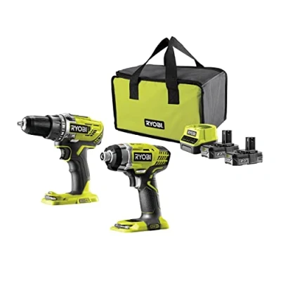 Afbeelding van RYOBI Duo ONE+ 18V: boorschroevendraaier en slagschroevendraaier geleverd in draagtas met 2 accu&#039;s 2,0 Ah + 1 snellader R18DDID 220S, groen antraciet