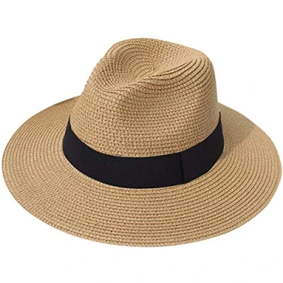 Afbeelding van DRESHOW Vrouwen Brede Rand Stro Panama Oprolhoed Fedora Strand Zonnehoed UPF 50 +