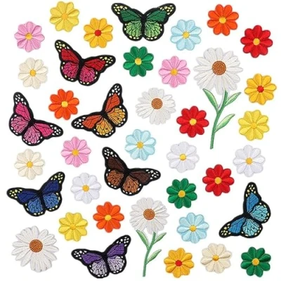 Afbeelding van 16 stuks applicaties om op te strijken voor volwassenen, mini zonnebloem geborduurde patches, vlinderpatroon, borduurpatches, opstrijkpatches jeans
