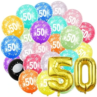 Afbeelding van Verjaardagscijfers ballon 50 jaar en 20 stuks 30 cm ballonnen gouden folieballon in 40 101 verjaardagsdecoratie cijfer decoratie verjaardag vliegt met helium voor mannen vrouwen 50e