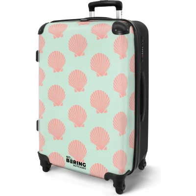 Afbeelding van NoBoringSuitcases.com® Koffer groot Rolkoffer lichtgewicht Blauw met roze schelpen Reiskoffer 4 wielen Grote trolley XL 20 kg bagage
