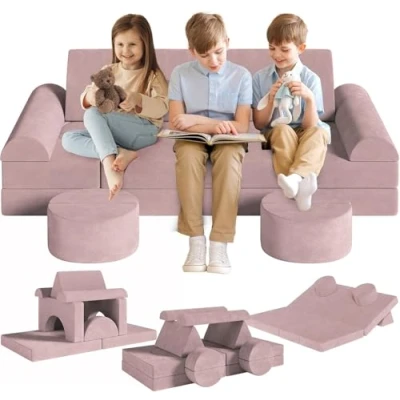 Afbeelding van Speelbank, 14 delige modulaire kinderbankje, kinderbank van schuimrubber, bouwstenen, speelbank voor kinderen en kinderfauteuil, knuffelhoek in de kinderkamer (Roze)
