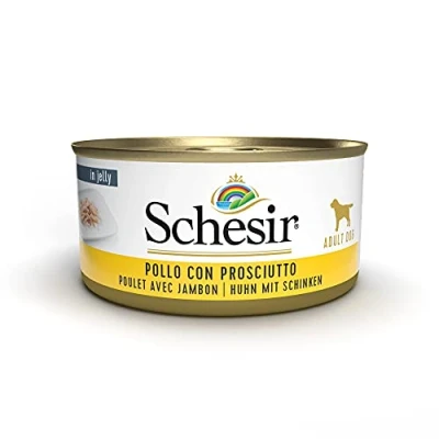 Afbeelding van Schesir Hond Kippenfilet met ham, hondenvoer nat, 18 blikjes x 150 g