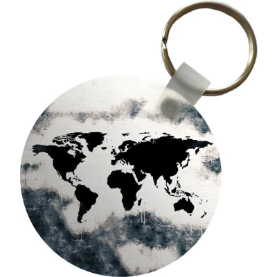 Afbeelding van Sleutelhanger Wereldkaart Hout Zwart Plastic Rond Uitdeelcadeautjes