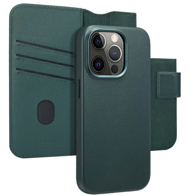 Afbeelding van Apple iPhone 14 Pro MagSafe Hoesje Echt leder Accezz Bookcase/2 in 1 Case Donkergroen Telefoonhoesje