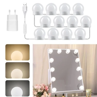 Afbeelding van Hollywood spiegellampen, 12 lampen met adapter, verstelbare USB kabel, 3 kleuren en 10 intensiteiten, make up lichten voor upspiegel, led verlichting spiegelframes
