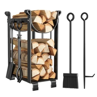 Afbeelding van Amagabeli Brandhoutrek met 4 Gereedschappen 78x29x36cm Binnen Buitenshuis Openhaard Gereedschapsset Schep Bezem Tang Haken Smeedijzer Brandhouthouder Haardhoutrek Zwart