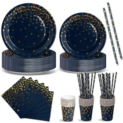 Afbeelding van Nkaiso Feestservies 120 stuks marineblauw goud kinderborden feestbenodigdheden set inclusief papieren borden servetten bestek voor verjaardagsdecoraties doop bruiloft douche 24 gasten
