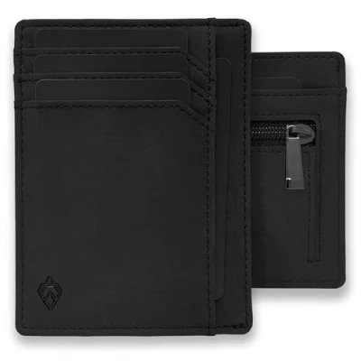Afbeelding van AKIELO RFID Blokkerende Creditcardhouder met Ritssluiting Muntzakje en Geschenkdoos Slanke Portemonnees voor Heren Minimalistische Kaart Portemonnee (BRAVO Zwarte Rits Editie)