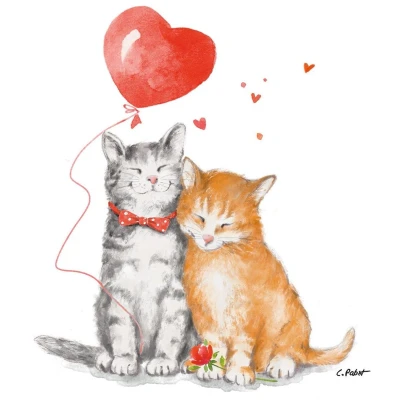 Afbeelding van 20 servetten diermotieven liefde katten met ballon als tafeldecoratie. Papieren motief. Ook voor decoupage en servettechniek 33 x cm