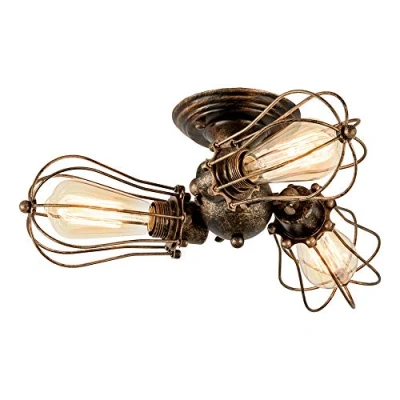 Afbeelding van Vintage plafondlamp, industriële plafondverlichting, verstelbaar stopcontact, metaaldraadkooi, halve schaal, rustieke lichtmetalen lampen (zonder gloeilamp) (met 3 lichten) (brons)