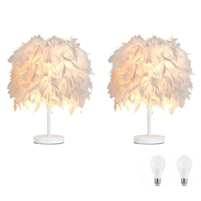 Afbeelding van 2 stuks veren tafellamp bedlampje veer nachtkastje lampenkap witte basis met 3W lamp voor woonkamer, slaapkamer, bar, restaurant, woondecoratie, S