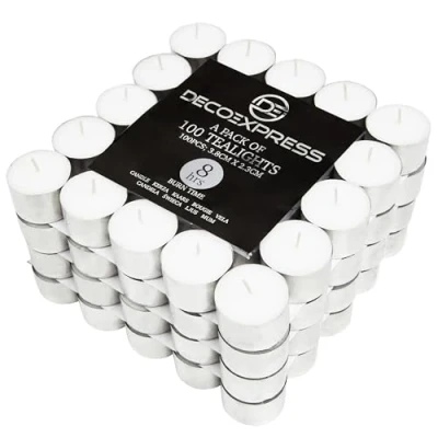 Afbeelding van Deco Express Theelichtkaarsen Multipack van 200, 100, 50 of 24 4, 8 10 uur brandtijd theelichtjes kaarsen ongeparfumeerd (wit 100/4 uur)
