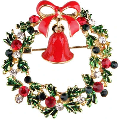 Afbeelding van Kerst broche met Kerstkrans en Kerstbel Kerstbroche Strass Bling Sieraad
