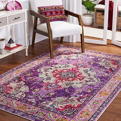 Afbeelding van SAFAVIEH Monaco Collection Boho tapijt voor woonkamer, eetkamer, slaapkamer, korte pool, paars en fuchsia, 91 x 152 cm