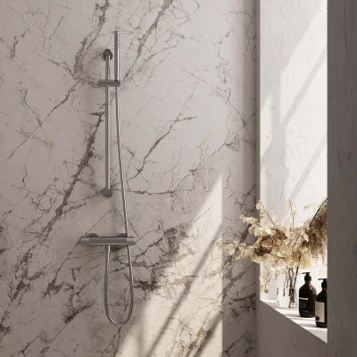 Afbeelding van Brauer Brushed carving Douchekraan opbouw glijstang 1 functie 2 knoppen handdouche staaf stand PVD geborsteld RVS