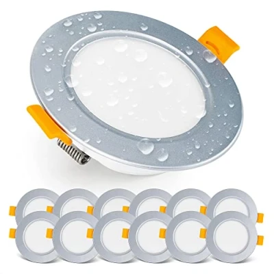 Afbeelding van EMOS Exclusive Inbouwspots LED Downlight 5W, 500 Lumen, 3000K warm wit Set van 12 spotjes IP54 waterdicht, voor gebruik binnen en buiten 230V, rond, ultravlak, Zilver