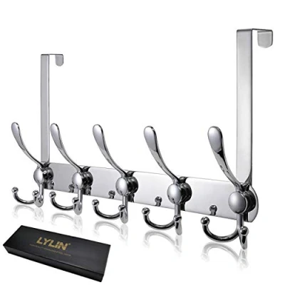 Afbeelding van Over de Deurhaak Hanger, LYLIN Roestvrijstalen Hangers Voor Deur met 15 Haken, Opbergrek Zwaar Gebruik Wandhanger Jas, Kleding, Handdoek, Tas (Zilver, Deuren Dikte 2 cm)