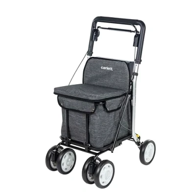 Afbeelding van Carlett Boodschappentrolley rollator met zitje, plooibare supermarkttrolley 4 wielen afneembare tas 29 l/15 kg en lade voor persoonlijke spullen, Lett800 Senior Comfort, grijs