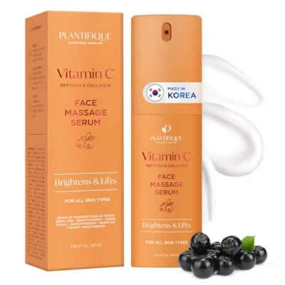 Afbeelding van Plantifique vitamine C gezichtsverzorging, anti aging massageserum met C, aronia, zwarte bessen, peptiden, collageen, gezichtsverzorging tegen pigmentvlekken en kringen rond de ogen