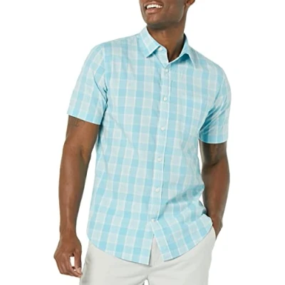 Afbeelding van Amazon Essentials Heren Slim Fit Poplin Shirt met korte mouwen, lichtblauw wit geruit, X Large