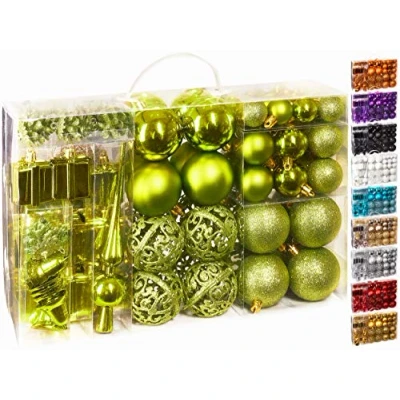 Afbeelding van BRUBAKER Kerstballen Set met Dennenappels, Kerstklokken, Geschenken, Kerstboompiek Kerstboomversiering 101 delen Groen