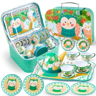 Afbeelding van JOYIN Uil Tuin Theeset voor Peuters Theekransje Set Kinderen Pretend Rollenspel Tin Theepot met Bekjes, Borden en Draagtas Keuken Speelgoed Kleine Meisjes Verjaardagscadeaus