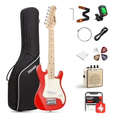 Afbeelding van Donner 30 Inch Kids Junior Elektrische Gitaar Beginner Kit ST Stijl Mini Premium Bundel met Amp, Tuner, Capo, Tas, Riem, String, Kabel (DSJ 100, rood)