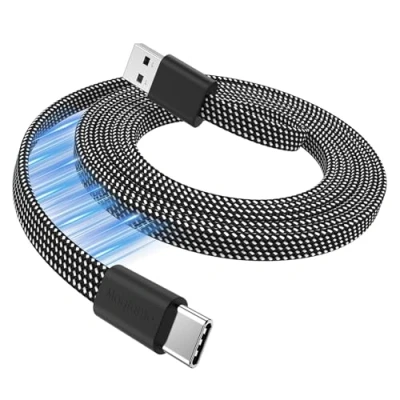 Afbeelding van Magtame USB A naar C kabel, platte magnetische oplaadkabel, gecoiled 1 m intrekbare type snellaadkabel, flexibele compatibel met iPhone 15 Pro Max, Samsung, iPad, zwart