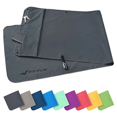 Afbeelding van Fitness handdoek set met vak ritssluiting + magneetclip, voor patent aangemelde multifunctionele handdoek, microvezel (Donkergrijs)