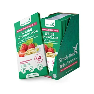 Afbeelding van Simply Keto Suikergereduceerde aardbeien, witte Lower Carb* chocolade met stukjes zonder toegevoegde suiker, gezoet erythriet, 65% minder glutenvrij en sojavrij, maltit, 12 x 125 g