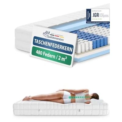 Afbeelding van AM Qualitätsmatratzen Orthopedisch 7 zone Pocketveringmatras 180x200 cm Stevig (H4) 20cm matras met orthopedische ligzones OEKO TEX 180 x 200 480 veren