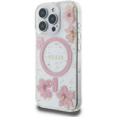 Afbeelding van CG Mobile Guess Magsafe hard hoesje met hars bloemen ontwerp voor iPhone 16 Pro, valbescherming, comfortabele grip roze