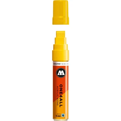 Afbeelding van Molotow ONE4ALL 15mm Acryl Marker Geel Geschikt voor vele oppervlaktes zoals canvas, hout, steen, keramiek, plastic, glas, papier, leer...