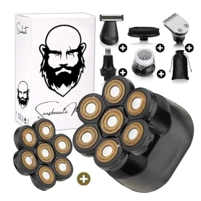 Afbeelding van 6 in 1 Scheerapparaat Mannen + Extra Scheerkop Trimmer Tondeuse Sansbeauté® SkullSharp Classic 7 Blade Skull Shaver Electric Face &amp; Head Hoofd Kaal Scheren Nat Droog Elektrisch