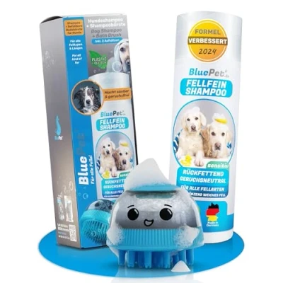 Afbeelding van BluePet Hondenshampoo Sensitive + badborstelset, masseren van shampoo &amp; stimulerende massage, verwijdert vuil en losse vacht, incl. 2 x opzetstukken (zacht stevig) voor alle rassen vachtsoorten