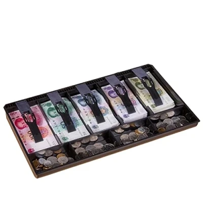 Afbeelding van kassalade met 5 vakken voor bankbiljetten en 4 muntvakken Supermarket registreerkassa, inzet vervanging geldlade geldbox van hoogwaardige kunststof, 40,5 x 24,5 3,5 cm (zwart)