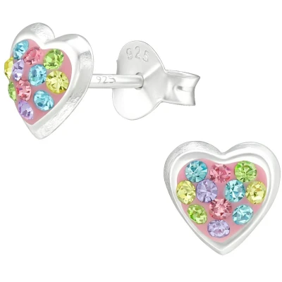 Afbeelding van JoyS Zilveren hartje oorbellen 6 mm kristal multicolor