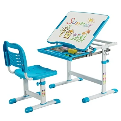 Afbeelding van COSTWAY bureau voor kinderen, in hoogte verstelbaar, met kantelbaar tafelblad en lade, multifunctioneel stoel, jongens meisjes, blauw