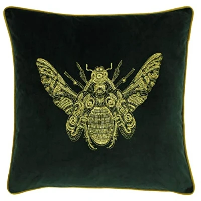 Afbeelding van Riva Paoletti Cerana kussenhoes smaragdgroen superzachte fluwelen stof geborduurd gouden bijenontwerp biesranden 100% polyester 50 x cm (20&quot; 20&quot; inch)