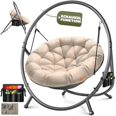 Afbeelding van KESSER® hangstoel met frame Bali hangschommel, tot 150 kg, voor binnen en buiten, inclusief kussen zijtas, hangmand, stalen schuimrubberen zitkussen, ideaal woonkamer