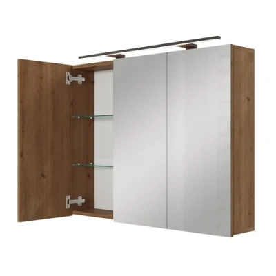 Afbeelding van Planetmöbel ARIA spiegelkast voor badkamer met verlichting, 90 cm breed, hangende badkamerkast spiegel, goudkleurig eiken, lamp en stopcontact, gastentoilet, x 70 16