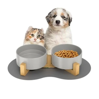 Afbeelding van Dubbele 450 ml kattenbak hondenbak keramische voerbak hond verhoogde voerkom met bamboe standaard en voer waterbak (grijs, ml)
