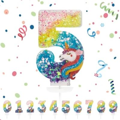 Afbeelding van Verjaardagskaarsen 5 jaar, 3D eenhoornkaarsen, aantal verjaardagskaarsen, regenboog, eenhoorn, taartdecoratie, geschikt voor verjaardagsfeesten, babyshower